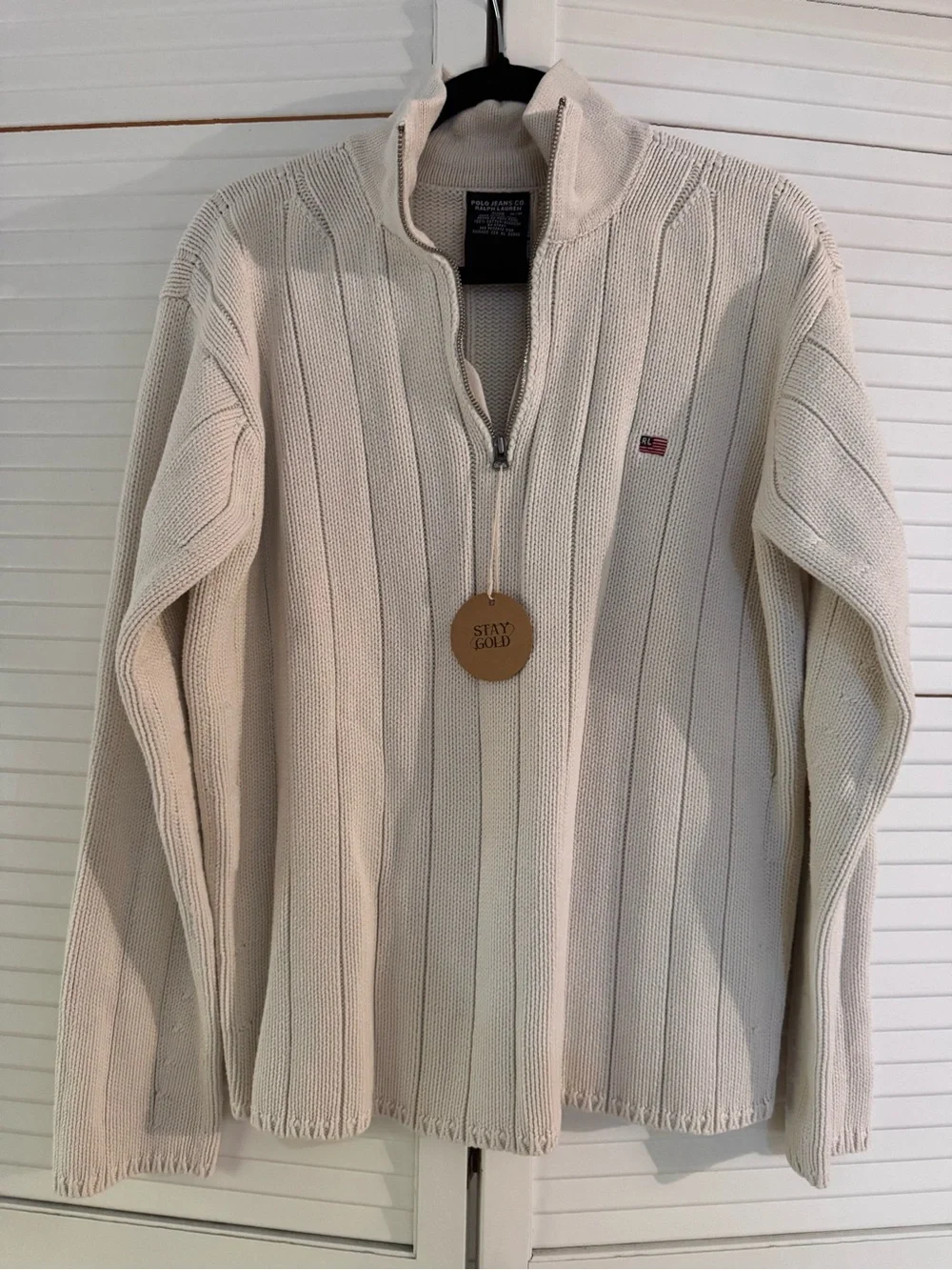 Vintage 90’s Polo Ralph Lauren Cream Half-Zip Ribbed Knit Sweater with Flag